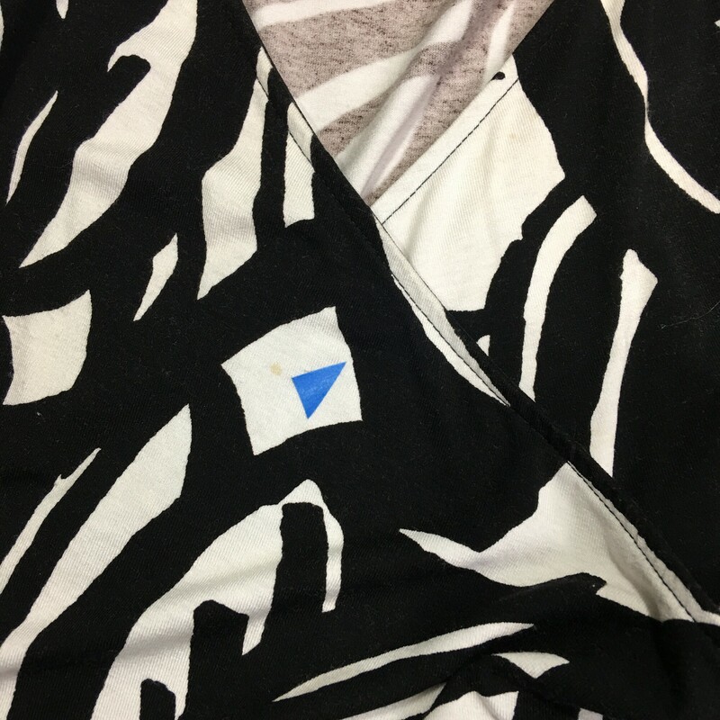 Ann Taylor, Pattern, Size: Petite,  jersey pullover  black and white print v neck knee length a line dress, unlined. No fabric tags, see photos for measurements. There is a very small stainnoted with blue tape in photo. Best guess this is a poly blend, by hand or machine wash gentle cold spearates, line dry.