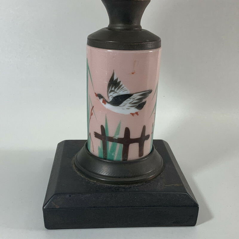 Antique composite kerosene oil lamp made by the Steel Mantle Light Co in Chicago Illinois.  Complete with chimney  decorated porcelain stem. Approximately 1880â€™s  19.5 inches high base approximately 4.5 inches wide. Very good age appropriate condition.