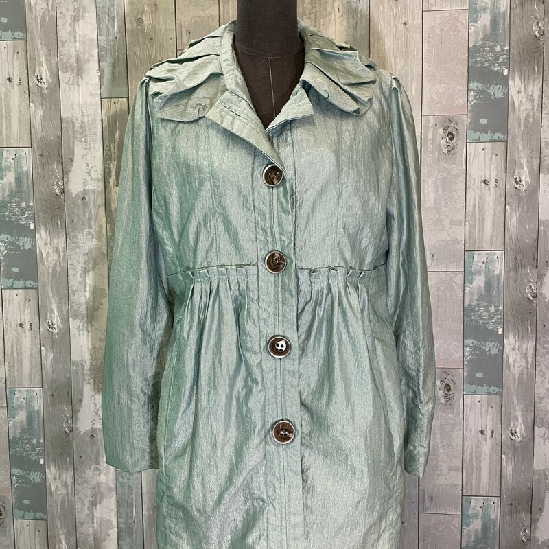 Neyelle Coat
Fully lined, 2 front side pockets, oversized buttones, ruffle collar
Aqua shimmer
Size: Medium