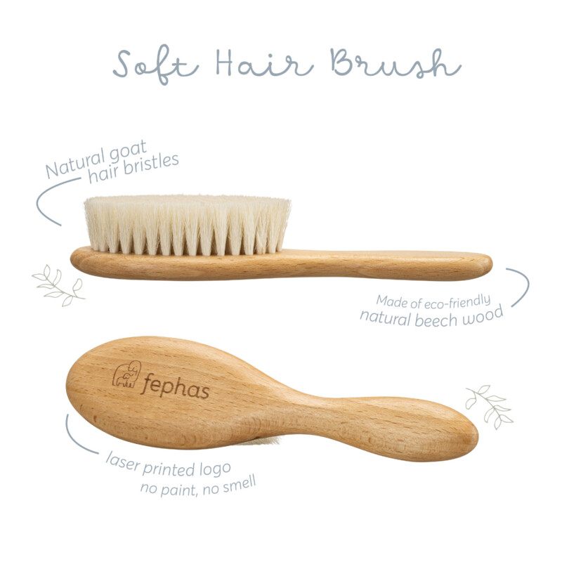 One soft brush for a baby.
One silicone brush.
Soft brush made with natural goat hair bristles.

Silicone brush made of BPA free materials. Works as an exfoliant to softly remove cradle cap during bath time.
Super soft and gentle on baby’s soft spot. It can be used since your babe’s very first day.