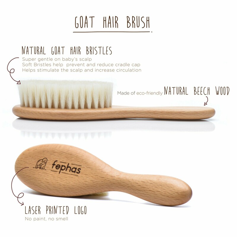 Includes:
One soft brush for baby’s fine hair.
A  wooden comb for longer hair.
A  wooden bristle brush.

Soft brush is made with natural goat hair bristles.

Both brushes are made of solid beech wood while comb of maple wood.
Non-static.
Water resistant.

Prevents cradle cap:  Brushing your baby’s hair daily with the soft bristle brush helps to distribute natural oils and prevents cradle cap..

Detangles delicate hair: the rounded teeth of our wooden brush gently detangle your little one’s hair without hurting his scalp.