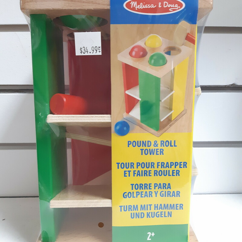 Pound & Roll Tower, Wood, Preschool
Ages 2+
Sturdy wood construction, 4 brightly-coloured balls and mallet