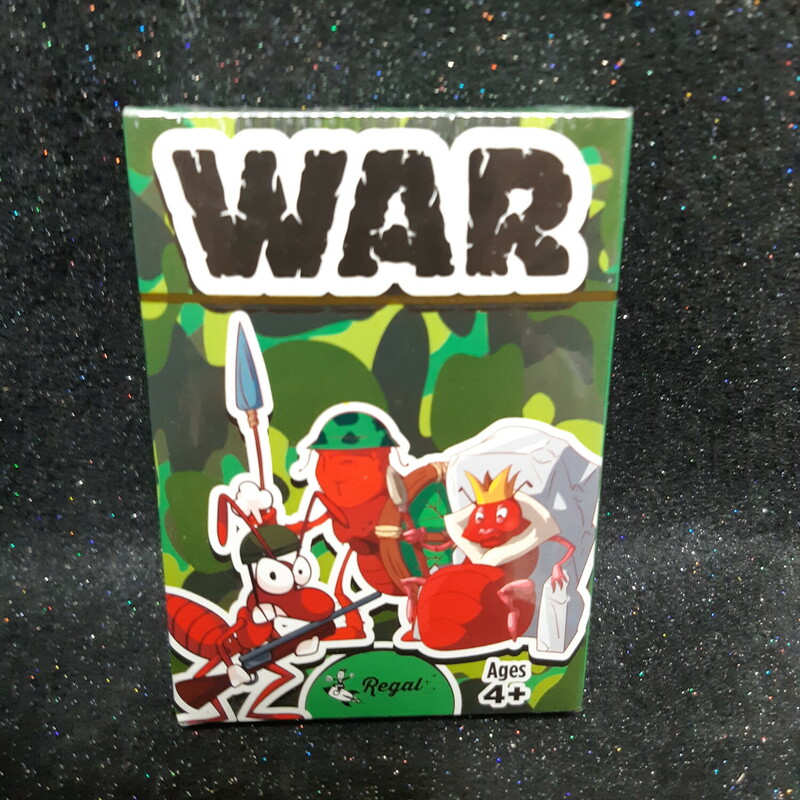 War Card Game, ages 4+

The goal is to be the first player to win all 52 cards

THE DEAL
The deck is divided evenly, with each player, 26 cards, dealt one at a time, face down. Anyone may deal first. Each player places their stack of cards face down, in front of them.

THE PLAY
Each player turns up a card at the same time and the player with the higher card takes both cards and puts them, face down, on the bottom of his stack.

If the cards are the same rank, it is War. Each player turns up one card face down and one card face up. The player with the higher cards takes both piles (six cards). If the turned-up cards are again the same rank, each player places another card face down and turns another card face up. The player with the higher card takes all 10 cards, and so on.

HOW TO KEEP SCORE
The game ends when one player has won all the cards.