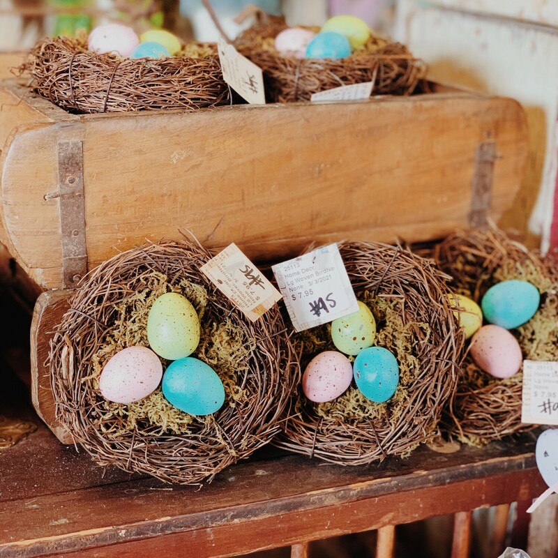 These adorable bird nests measure about 4.5 inches in diameter and are perfect for decorating for Easter! They each have a blue, green, and pink egg in the nest!