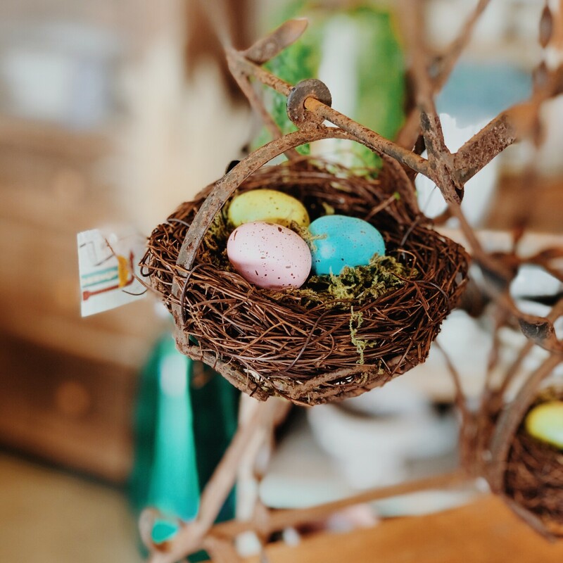 These adorable bird nests measure about 4.5 inches in diameter and are perfect for decorating for Easter! They each have a blue, green, and pink egg in the nest!