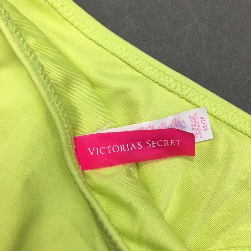 Victorias Secret Sequin bikini, Blue and neon yellow, Size: XS Juniors or Girls  top 80% polyester 20% elastane. Soft removeable cups.
Bikini bottom, Neon Yellow, Size: XS The suit has a marker name on theback of the  fabric tag
Hand Wash cold no bleach line dry. Made in Sri Lanka
4.00 oz