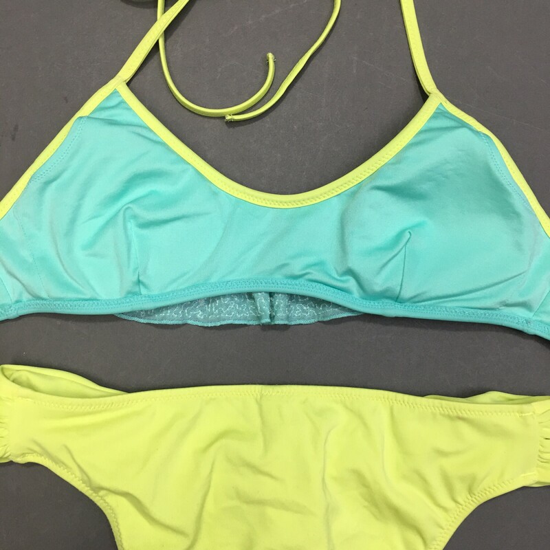 Victorias Secret Sequin bikini, Blue and neon yellow, Size: XS Juniors or Girls  top 80% polyester 20% elastane. Soft removeable cups.
Bikini bottom, Neon Yellow, Size: XS The suit has a marker name on theback of the  fabric tag
Hand Wash cold no bleach line dry. Made in Sri Lanka
4.00 oz