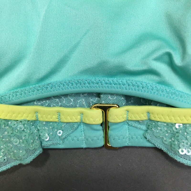 Victorias Secret Sequin bikini, Blue and neon yellow, Size: XS Juniors or Girls  top 80% polyester 20% elastane. Soft removeable cups.<br />
Bikini bottom, Neon Yellow, Size: XS The suit has a marker name on theback of the  fabric tag<br />
Hand Wash cold no bleach line dry. Made in Sri Lanka<br />
4.00 oz