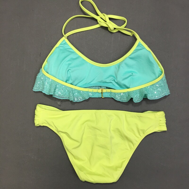 Victorias Secret Sequin bikini, Blue and neon yellow, Size: XS Juniors or Girls  top 80% polyester 20% elastane. Soft removeable cups.<br />
Bikini bottom, Neon Yellow, Size: XS The suit has a marker name on theback of the  fabric tag<br />
Hand Wash cold no bleach line dry. Made in Sri Lanka<br />
4.00 oz