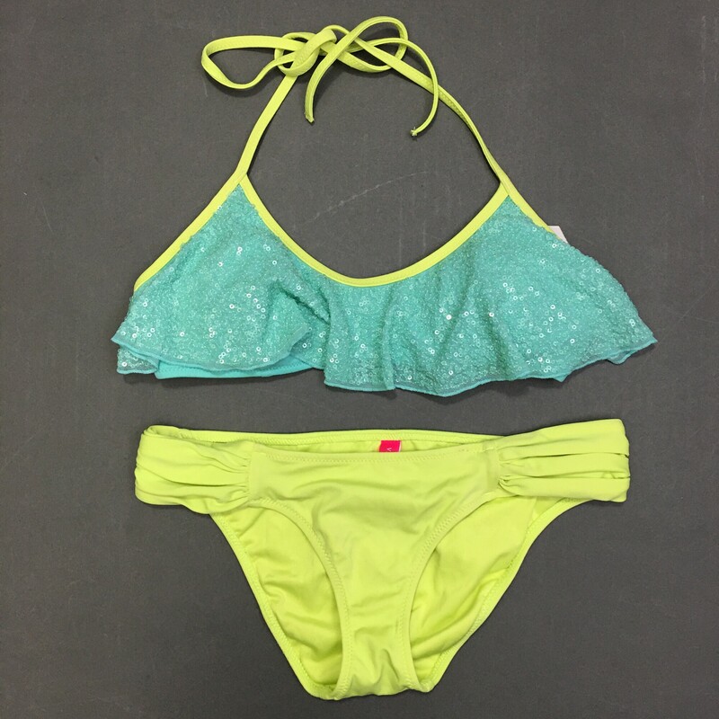 Victorias Secret Sequin bikini, Blue and neon yellow, Size: XS Juniors or Girls  top 80% polyester 20% elastane. Soft removeable cups.
Bikini bottom, Neon Yellow, Size: XS The suit has a marker name on theback of the  fabric tag
Hand Wash cold no bleach line dry. Made in Sri Lanka
4.00 oz