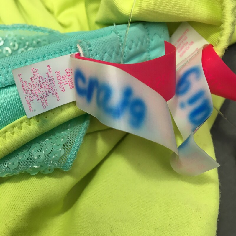 Victorias Secret Sequin bikini, Blue and neon yellow, Size: XS Juniors or Girls  top 80% polyester 20% elastane. Soft removeable cups.<br />
Bikini bottom, Neon Yellow, Size: XS The suit has a marker name on theback of the  fabric tag<br />
Hand Wash cold no bleach line dry. Made in Sri Lanka<br />
4.00 oz