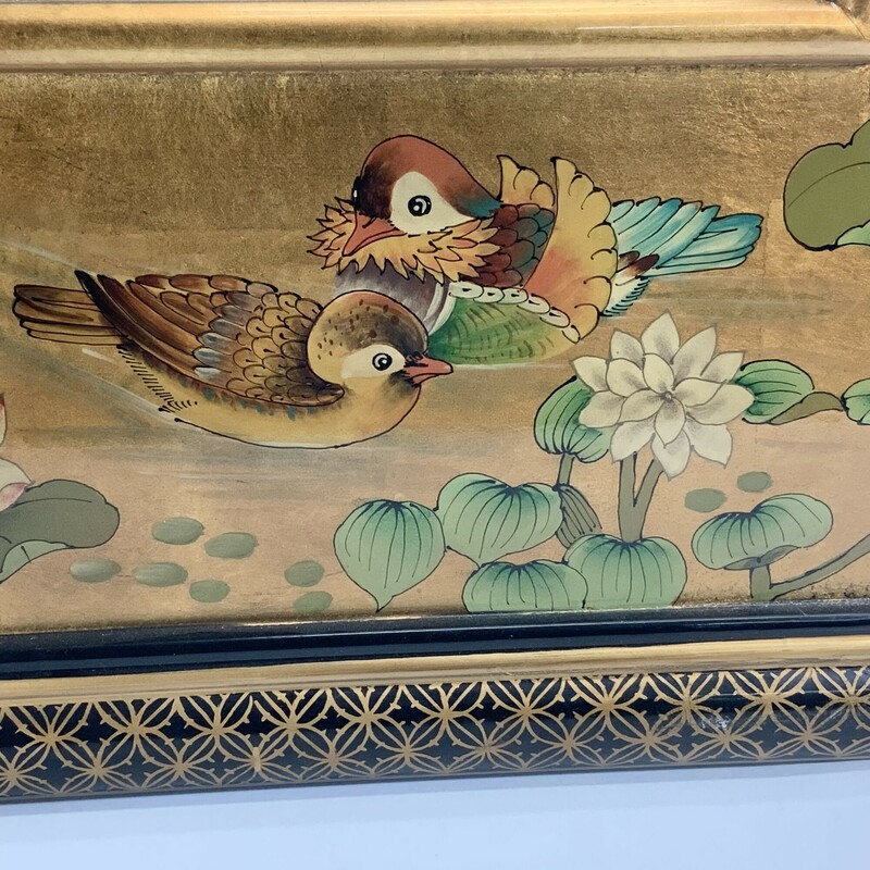 Vintage lacquered mirror with Asian inspired design Shows various birds among water lilies bamboo and other flowers
Very good condition.