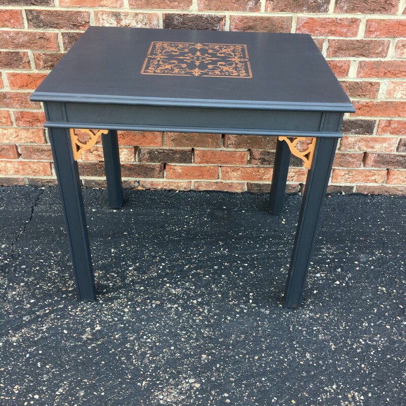 Vintage End/ Accent Table, painted with Fusion Mineral Paint in Midnight Blue; stenciled and hightlighted with Fusion Metallic Paint in Copper

26L x 21W x 24H

Two tables available
Each priced at $110