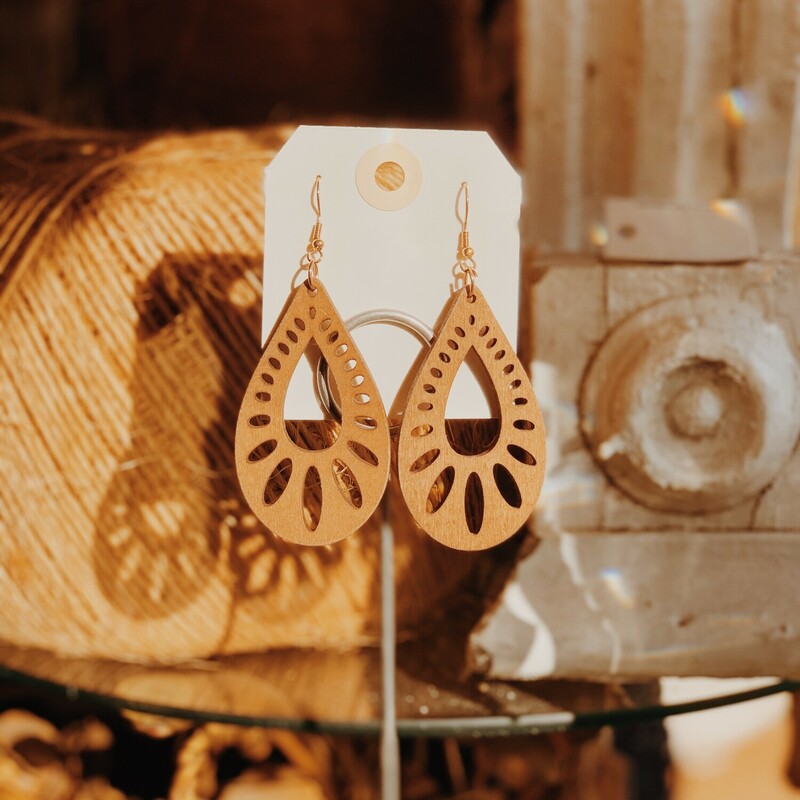 These beautiful wooden carved earrings measure 3.25 inches long!