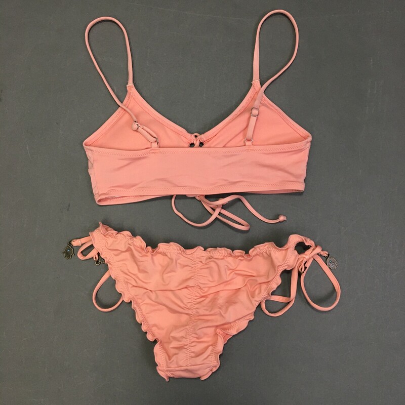 No Brand String Bikini, Peach, Size: S/P lace up front, athletic style top, adjustable spaghetti shoulder  straps,  removeable soft pads, bottom has ruffled edges , ties at sides with 2 small hanging \"hamsa\" amulet hands on either side. Hand wash cold, no bleach, line dry shade. No maker or fabric tags.<br />
3.80 oz