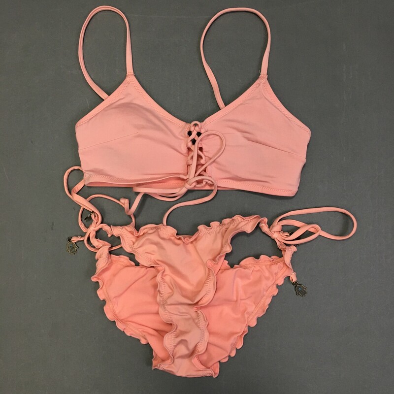 No Brand String Bikini, Peach, Size: S/P lace up front, athletic style top, adjustable spaghetti shoulder  straps,  removeable soft pads, bottom has ruffled edges , ties at sides with 2 small hanging \"hamsa\" amulet hands on either side. Hand wash cold, no bleach, line dry shade. No maker or fabric tags.
3.80 oz