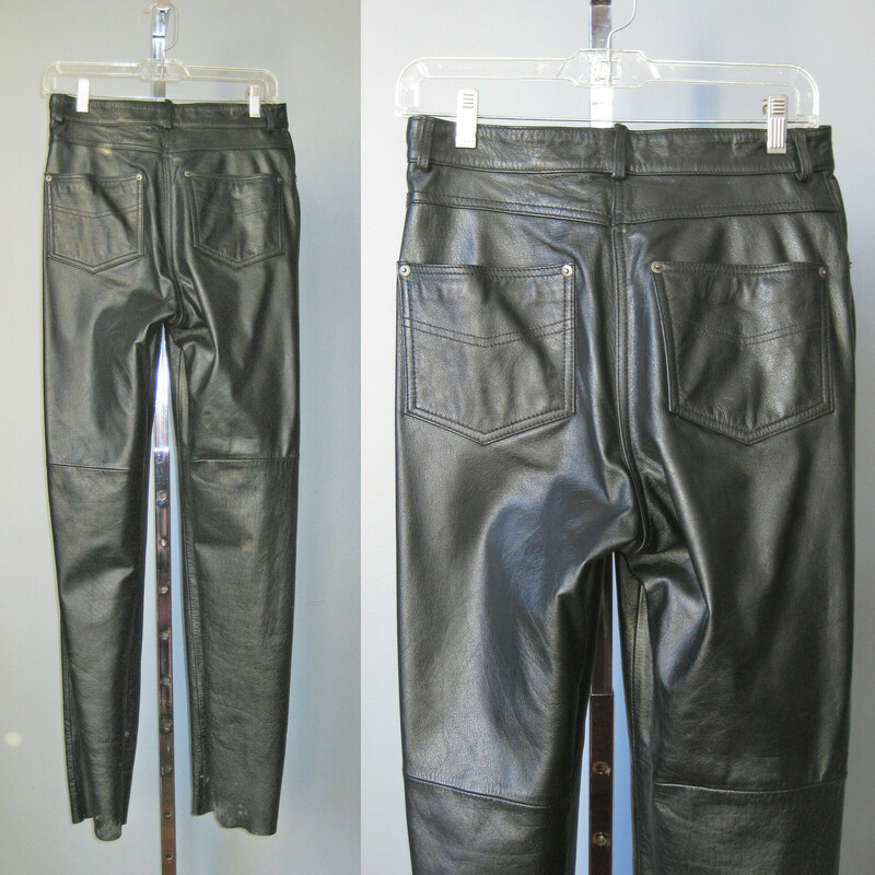 High waisted and high quality leather jeans by<br />
 FMC<br />
<br />
High quality soft leather,<br />
Fully lined to the mid calf<br />
Regular 5 pockets jeans styling with button and fly front<br />
Unfinished hem (as per usual with leather pants)<br />
<br />
Black<br />
Marked size 10 but def. WILL NOT FIT A MODERN SIZE 10 woman.  Better for a size 6 oir possibly 8<br />
Here are the flat measurements. Please double where appropriate:<br />
<br />
Waist: 14.5<br />
Hip: 20 3/4<br />
Rise: 11 3/4<br />
Inseam: 32.5<br />
Side seam: 43.5<br />
<br />
Perfect condition!<br />
<br />
<br />
Thanks for looking!<br />
#44709