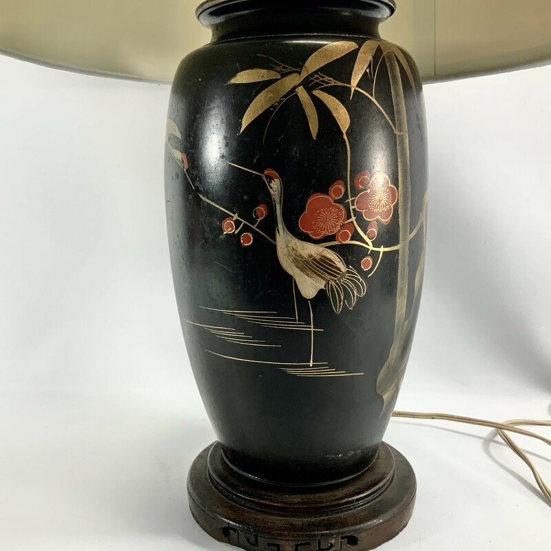 Asian style with birds and tree
Mixed materials
Black with gold and orange red
Approximately 20 inches H