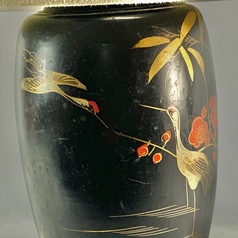 Asian style with birds and tree
Mixed materials
Black with gold and orange red
Approximately 20 inches H