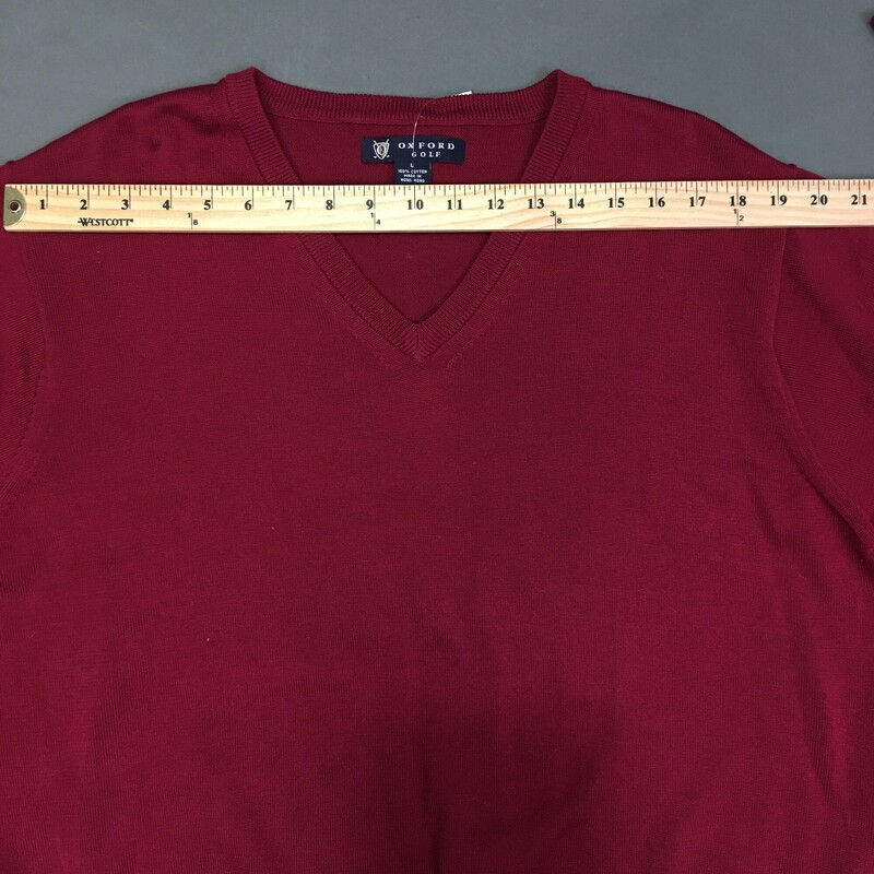 100-1028 Oxford Golf, Cranberry Red, Size: Large , long sleeve, v neck, light 100% cotton golf sweater  good<br />
13.20 oz