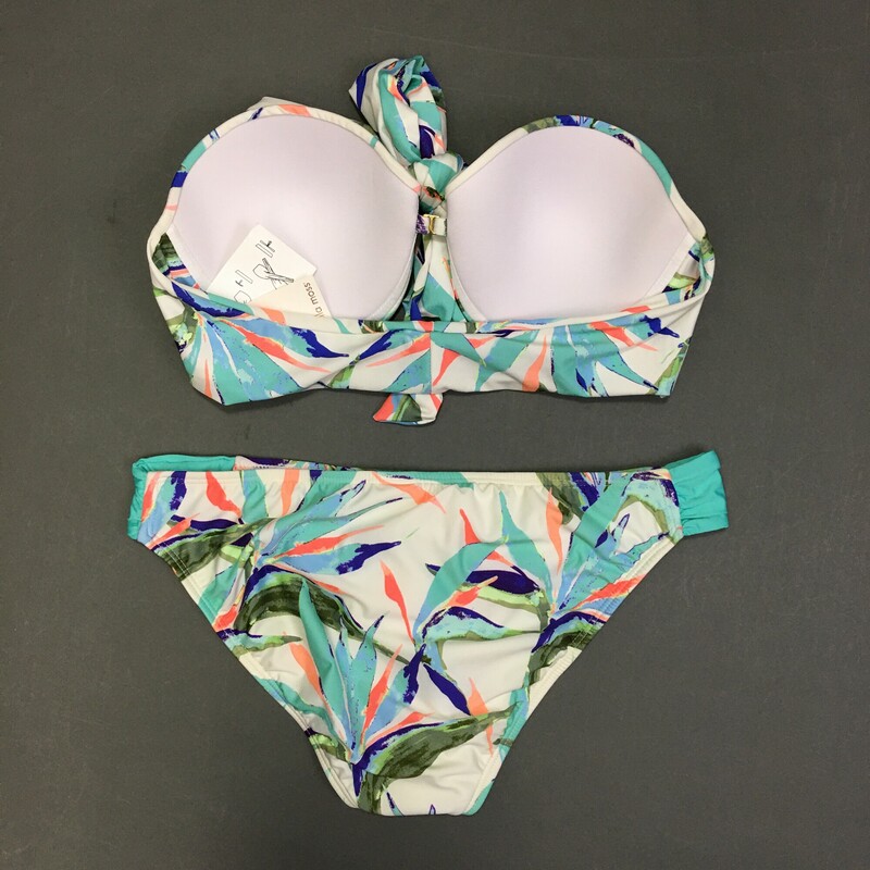 Ella Moss 2 Piece Bikini ,tropical  Pattern, Size: Large Versatile 2-way underwire  wrap bra, front hook and cute fabric bow tie closure or as halter, bottom is classic bikini coverage with ruche aqua fabric color panel sides,  Fully lined suit, New with tags, 83% polyester, 17% spandex, Hand wash cold, no bleach dry flat. Made in USA.<br />
6.70 oz