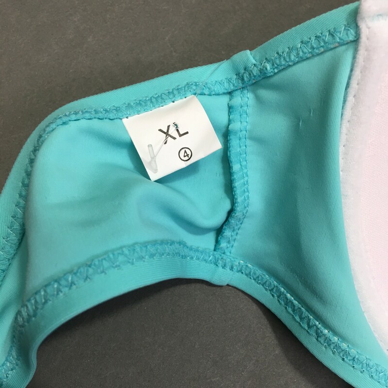 No Brand top soft fixed cups, adjustable shoulder straps, two-toned Aqua and Black top only, hook back, bosom has ruche fabric cups detail and center plastic \"jewel\" button.  Sized as: XL but looks more like an 8/10 C cup
Made in China. HAnd wash cold, no bleach line dry in shade. 82% Polyester 18% elastine spandex.
3.35 oz