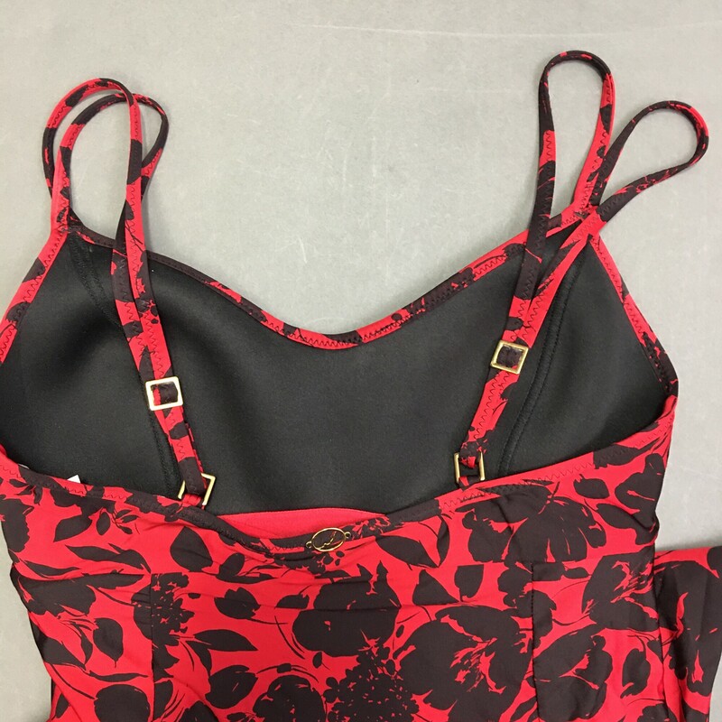 Jantzen One Piece with Skirt, Red, Size: 8 black flower print motif, nice double adjustable spaghetti straps, great condition, modest coverage soft fixed shelf bra,fully lined. Hand Wash cold, No bleach,line dry in shade. Beautiful condition, very nice comfortable suit.  Nylon Spandex,  Made in China  9.00 oz