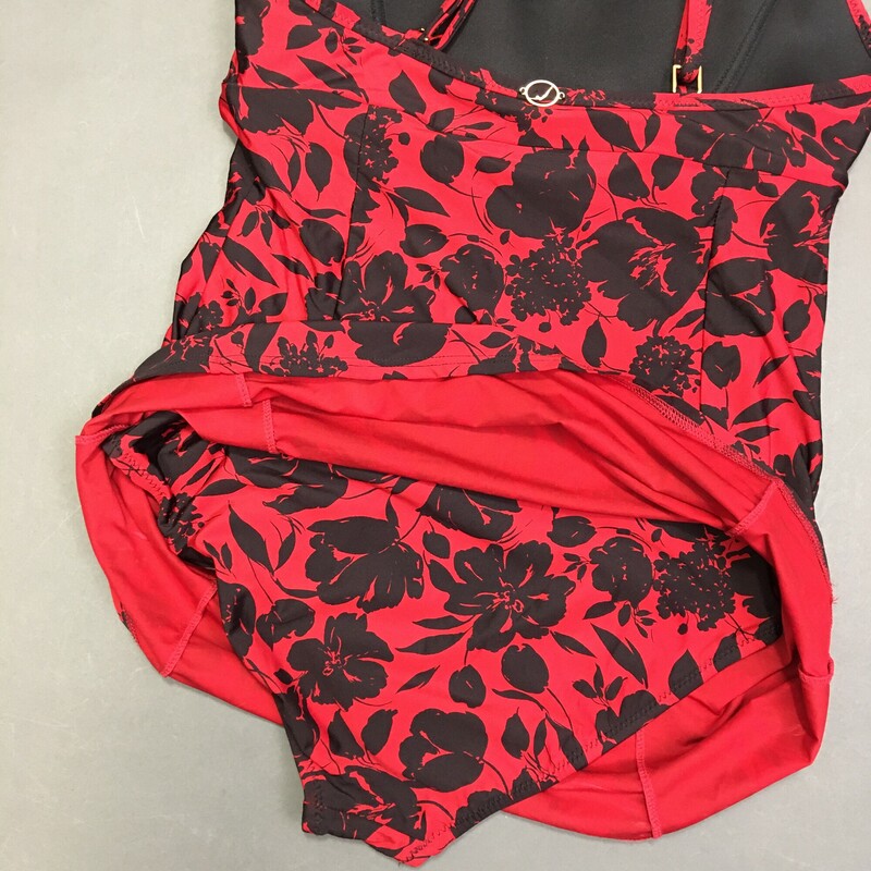 Jantzen One Piece with Skirt, Red, Size: 8 black flower print motif, nice double adjustable spaghetti straps, great condition, modest coverage soft fixed shelf bra,fully lined. Hand Wash cold, No bleach,line dry in shade. Beautiful condition, very nice comfortable suit.  Nylon Spandex,  Made in China  9.00 oz