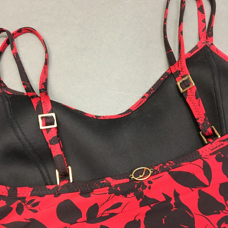 Jantzen One Piece with Skirt, Red, Size: 8 black flower print motif, nice double adjustable spaghetti straps, great condition, modest coverage soft fixed shelf bra,fully lined. Hand Wash cold, No bleach,line dry in shade. Beautiful condition, very nice comfortable suit.  Nylon Spandex,  Made in China  9.00 oz