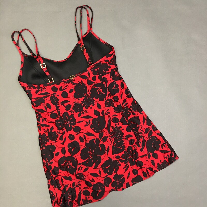 Jantzen One Piece with Skirt, Red, Size: 8 black flower print motif, nice double adjustable spaghetti straps, great condition, modest coverage soft fixed shelf bra,fully lined. Hand Wash cold, No bleach,line dry in shade. Beautiful condition, very nice comfortable suit.  Nylon Spandex,  Made in China  9.00 oz