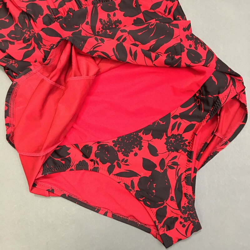 Jantzen One Piece with Skirt, Red, Size: 8 black flower print motif, nice double adjustable spaghetti straps, great condition, modest coverage soft fixed shelf bra,fully lined. Hand Wash cold, No bleach,line dry in shade. Beautiful condition, very nice comfortable suit.  Nylon Spandex,  Made in China  9.00 oz