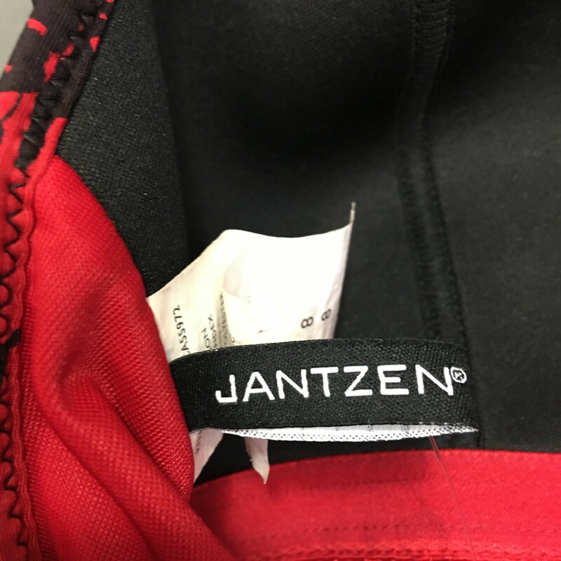 Jantzen One Piece with Skirt, Red, Size: 8 black flower print motif, nice double adjustable spaghetti straps, great condition, modest coverage soft fixed shelf bra,fully lined. Hand Wash cold, No bleach,line dry in shade. Beautiful condition, very nice comfortable suit.  Nylon Spandex,  Made in China  9.00 oz