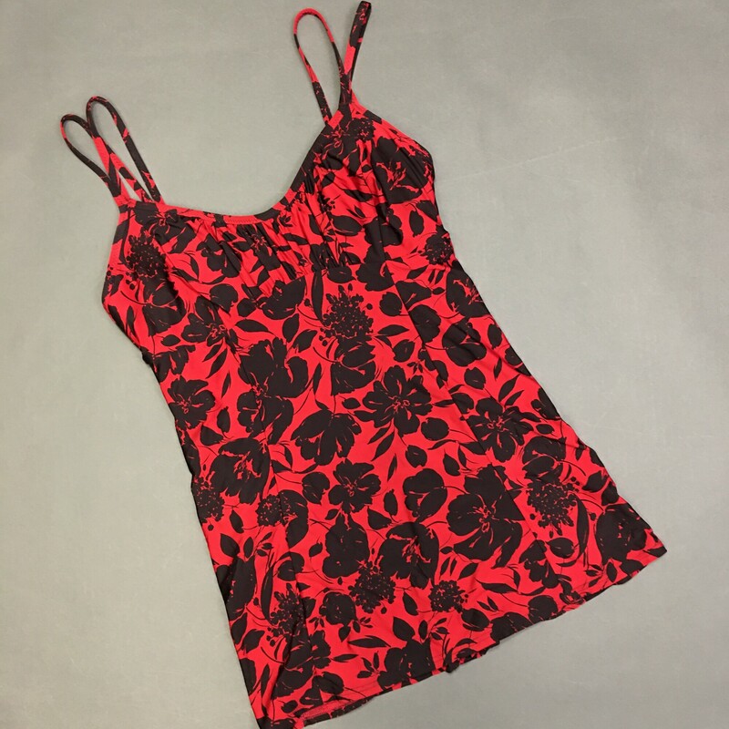 Jantzen One Piece with Skirt, Red, Size: 8 black flower print motif, nice double adjustable spaghetti straps, great condition, modest coverage soft fixed shelf bra,fully lined. Hand Wash cold, No bleach,line dry in shade. Beautiful condition, very nice comfortable suit.  Nylon Spandex,  Made in China  9.00 oz