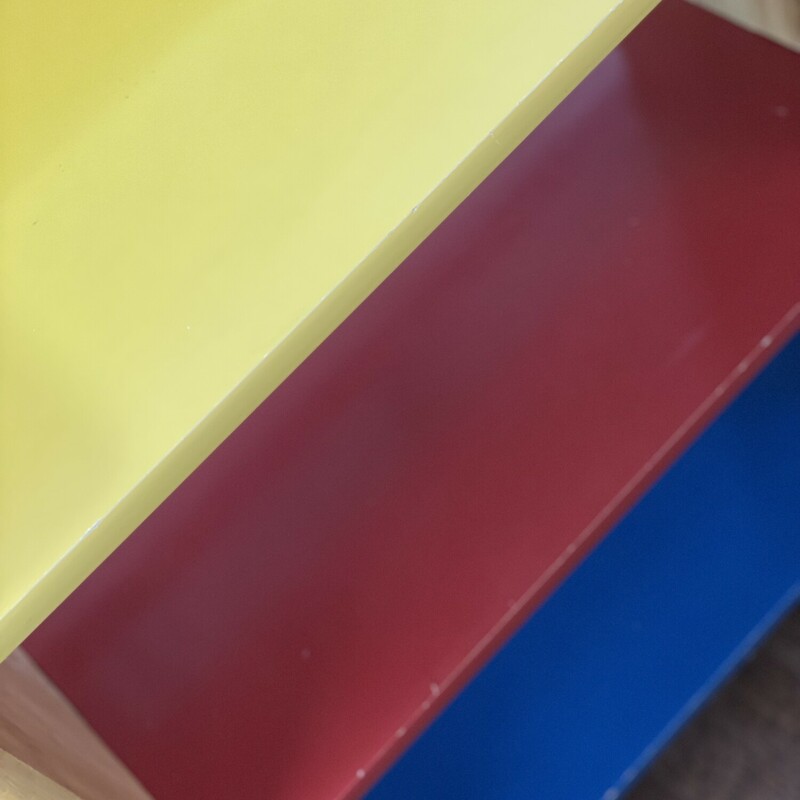 Childs Bookshelf<br />
Solid wood<br />
Yellow, blue, red, tan<br />
Size: 35 H x  28 L x 12D
