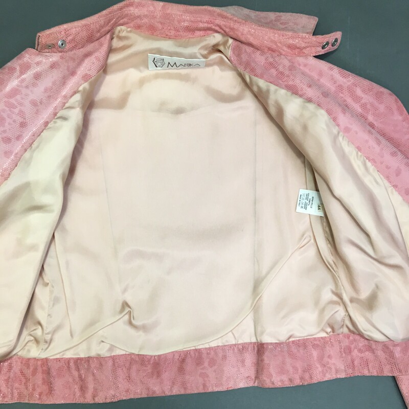 Marika, Pink, Size: Italian 44, US size 8 Petite snakeskin pattern pink leather motorcycle style leather jacket. zip front, zip exterior sleeve pocket, slant pockets on front, no interior pocket. Made in Italy, intact lining, great condition. There is some wear on the cuffs interior as had been folded up, Please see photos for measurements<br />
1lb 11oz