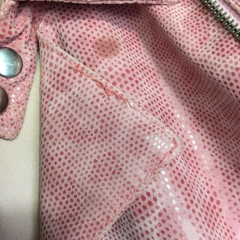 Marika, Pink, Size: Italian 44, US size 8 Petite snakeskin pattern pink leather motorcycle style leather jacket. zip front, zip exterior sleeve pocket, slant pockets on front, no interior pocket. Made in Italy, intact lining, great condition. There is some wear on the cuffs interior as had been folded up, Please see photos for measurements<br />
1lb 11oz