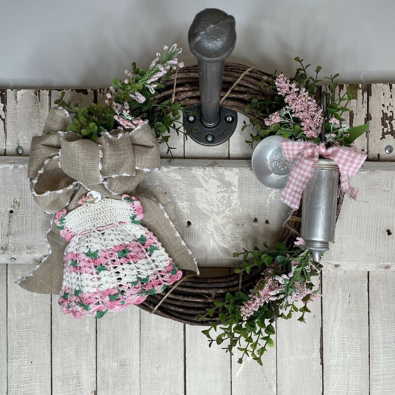 Brown/Pink Wreath With Vintage Kitchen Items,
Size: 13.5 inch diameter