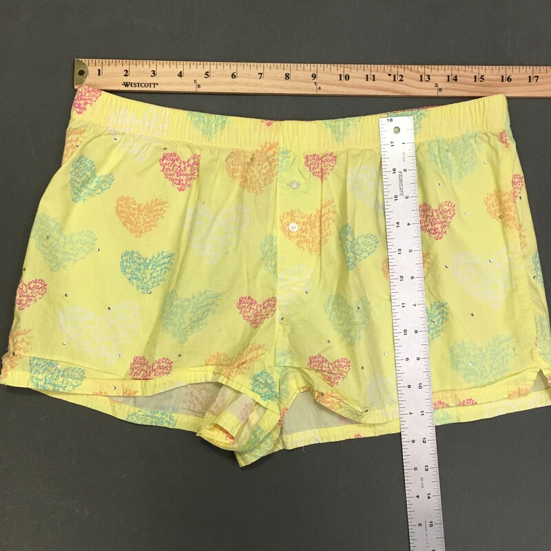 PINK Boxer Shorts, yellow, mutli color typeface hearts, petite chrystals, Size: Medium
2.2 oz