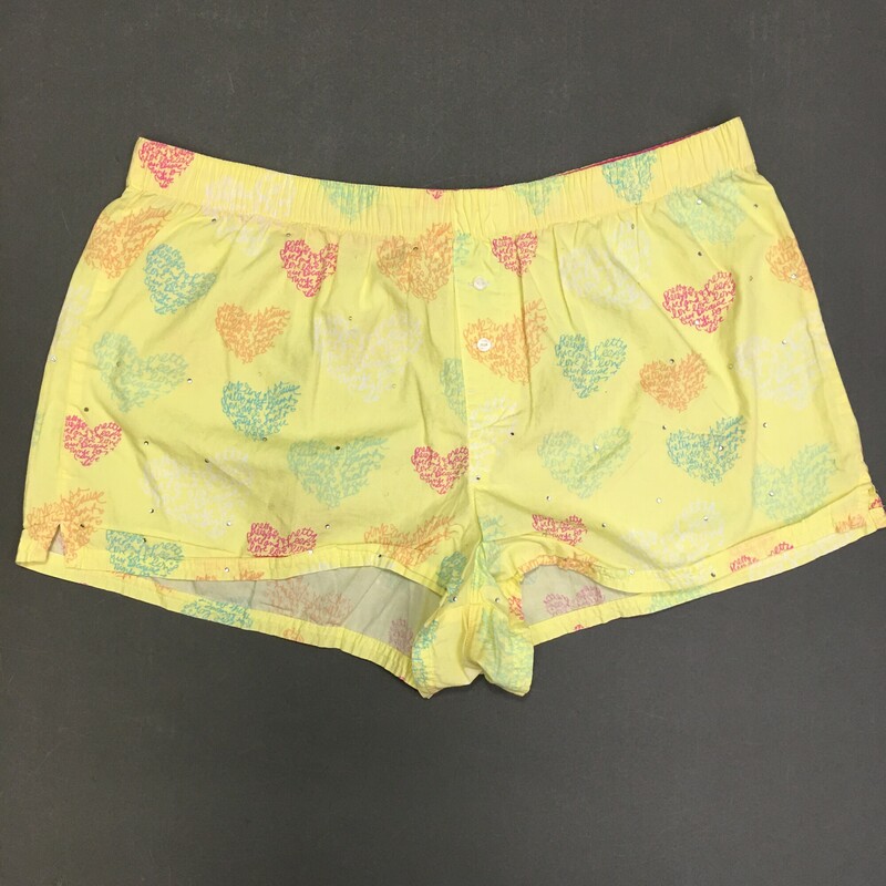 PINK Boxer Shorts, yellow, mutli color typeface hearts, petite chrystals, Size: Medium
2.2 oz