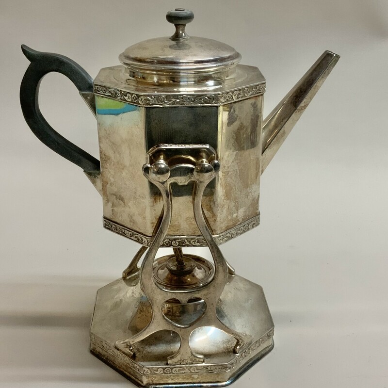 Vintage silver plated hot water kettle with stand and burner Used to keep water hot for the preparation of tea at the table<br />
Marked on the bottom of kettle see photo<br />
In fair condition has been vigorously polished over its lifetime and the silver plate is quite thin Black color handle and finial on lid have faded No dents or deep scratches still a very decorative piece<br />
Kettle and stand are 10.5 inches high