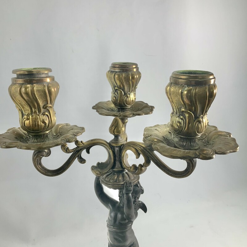 Approx 11 inches H<br />
Possibly 1800s French?<br />
3 candle design