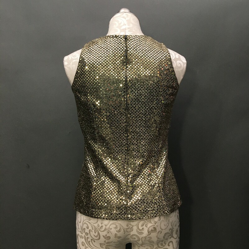 Hand stitched, Gold, Size: 6 P fitted lined metalic gold top, back zipper.<br />
5.5 oz