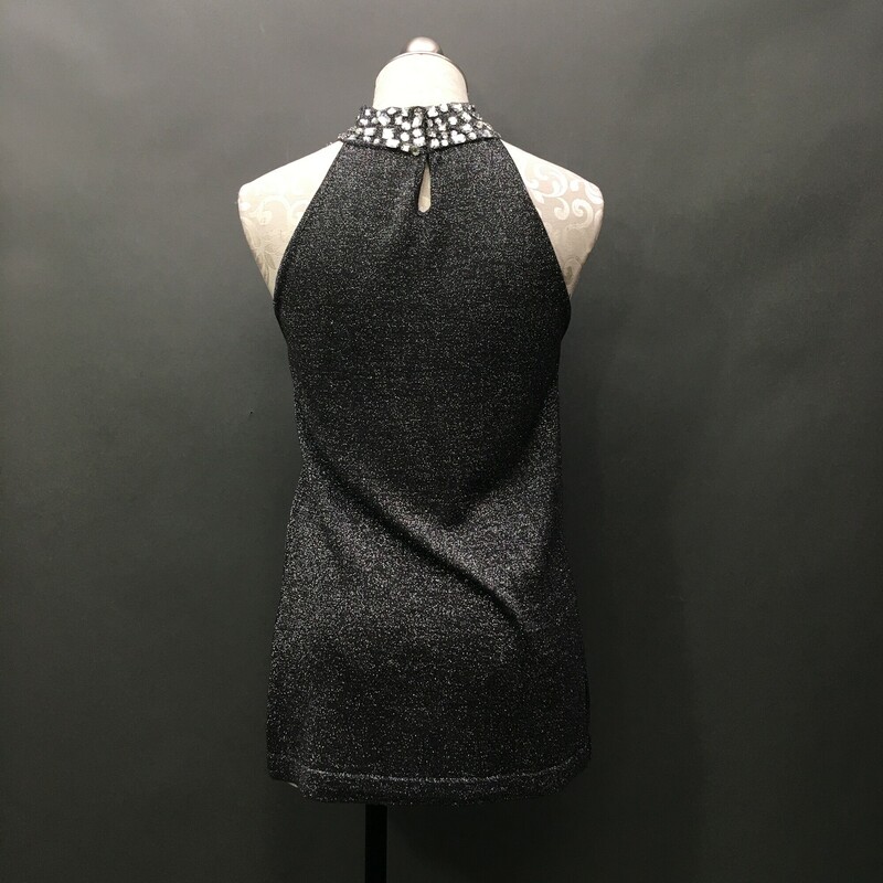 No Brand Sleeveless, Metalic, Size: 6 Mock neck metalic silver, grey and black light weight knit with jeweled collar. 3 Eye hook closure back at neck. Very nice condition. Hand wash cold, no bleach, lay flat to dry.<br />
7.8oz