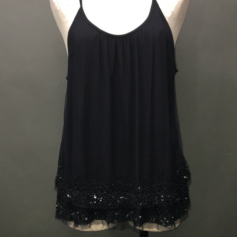 Ann Taylor Loft, Navy, Size: Large multi layered mesh and sequin baby doll tank top. front of top has a full panel mesh with sequin bottom, second tee shirt layer has a mesh ruffle with seqins. Spaghetti straps, loose fitting. Very nice condition<br />
<br />
5.0 oz