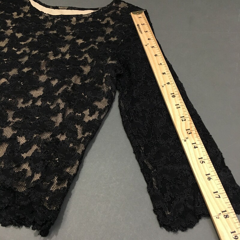 No Brand Lace, Black, Size: S/P fitted black lace with beige body lining, long sleeves not lined, round neckline, fitted, nylon-poly spandex blend. No maker or material tags<br />
5.3oz