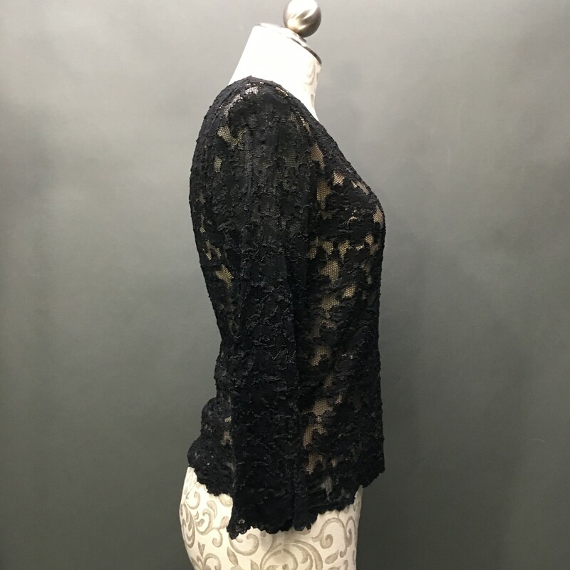 No Brand Lace, Black, Size: S/P fitted black lace with beige body lining, long sleeves not lined, round neckline, fitted, nylon-poly spandex blend. No maker or material tags<br />
5.3oz