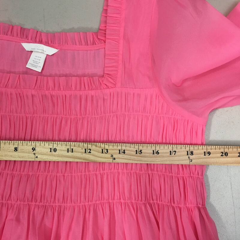 H&M Mama Maternite, Hot Pink, Size: M<br />
H&M Mama Maternite, Hot Pink, Size: M pretty summer formal party dress, 3/4 sleeves, lined, elastic bodice. ruffle trim. 100% polyester<br />
9.8 oz