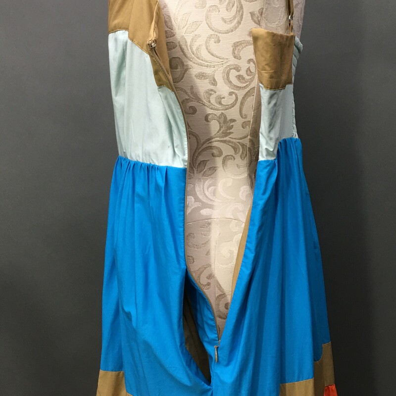 J. Crew Re-Imagined, Multi, Size: 14<br />
J. Crew Re-Imagined, tiered sundress Multi color, Size: 14 tans. blues oranges and pink, ruffle long maxi skirt, adjustable spaghetti straps, sleeveless, open side slash pockets.  100% cotton<br />
1 lb 4.6 oz