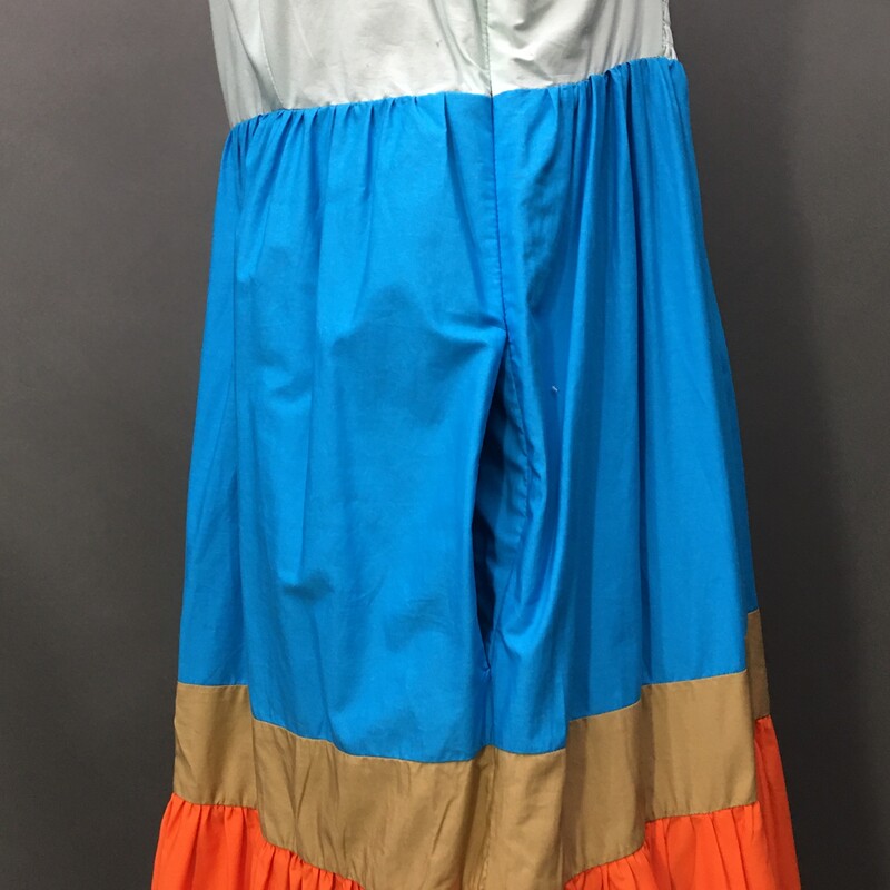 J. Crew Re-Imagined, Multi, Size: 14<br />
J. Crew Re-Imagined, tiered sundress Multi color, Size: 14 tans. blues oranges and pink, ruffle long maxi skirt, adjustable spaghetti straps, sleeveless, open side slash pockets.  100% cotton<br />
1 lb 4.6 oz