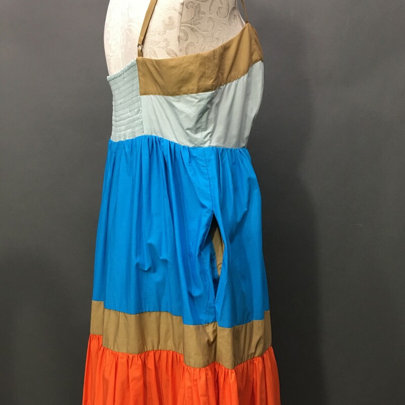 J. Crew Re-Imagined, Multi, Size: 14<br />
J. Crew Re-Imagined, tiered sundress Multi color, Size: 14 tans. blues oranges and pink, ruffle long maxi skirt, adjustable spaghetti straps, sleeveless, open side slash pockets.  100% cotton<br />
1 lb 4.6 oz